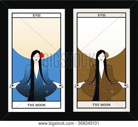 Major Arcana Tarot Cards. The Moon. Beautiful Girl Meditating In Lotus Position And Full Moon In The