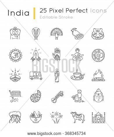 Indian Culture Pixel Perfect Linear Icons Set. National Animals. Religious And Spiritual Symbols. Cu