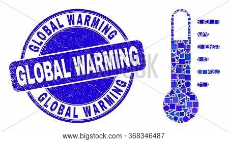 Geometric Thermometer Mosaic Pictogram And Global Warming Stamp. Blue Vector Round Scratched Stamp W