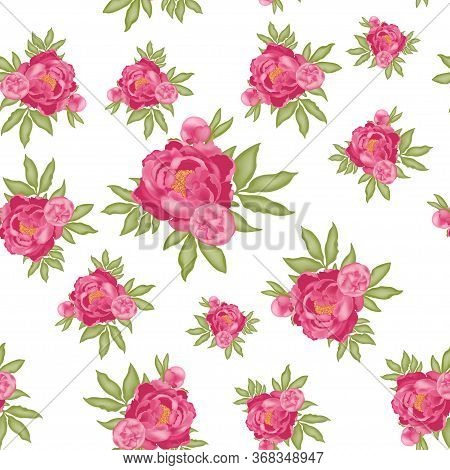 Pattern With Pink Peonies And Green Leaves, Isolated On White Background, 3d Effect, Stock Vector Il