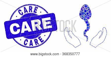 Geometric Sperm Care Hands Mosaic Icon And Care Watermark. Blue Vector Rounded Distress Watermark Wi