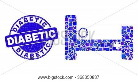Geometric Hospital Bed Mosaic Pictogram And Diabetic Seal. Blue Vector Round Textured Seal Stamp Wit