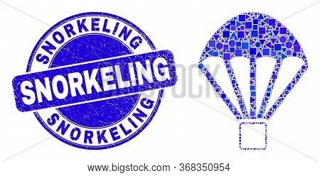 Geometric Parachute Mosaic Pictogram And Snorkeling Watermark. Blue Vector Rounded Grunge Watermark 