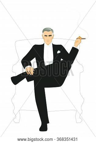 Elegant Gentleman Dressed In A Tailcoat, Sitting On An Armchair And Smoking A Cigar, Isolated On Whi
