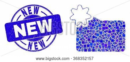 Geometric New Folder Mosaic Pictogram And New Seal Stamp. Blue Vector Round Grunge Stamp With New Ti