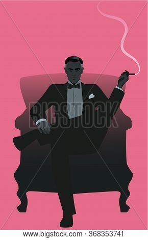 Elegant Gentleman Dressed In A Tailcoat, Sitting On An Armchair And Smoking A Cigar, Isolated On Whi