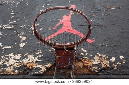 Kyiv, Ukraine -  February 1, 2018: Jumpman Logo By Nike Painted On The Old Black Backboard Of The Ba