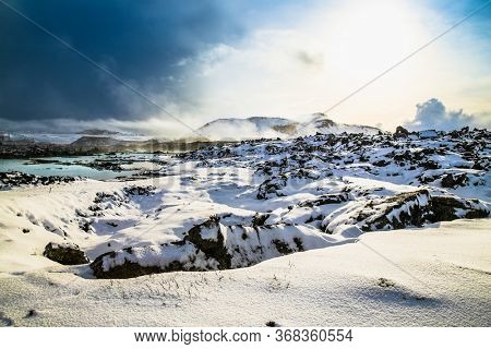 Aerial view of The Blue Lagoon, a geothermal bath resort and one of the most visited places in the south of Iceland. Grindavik, Iceland.