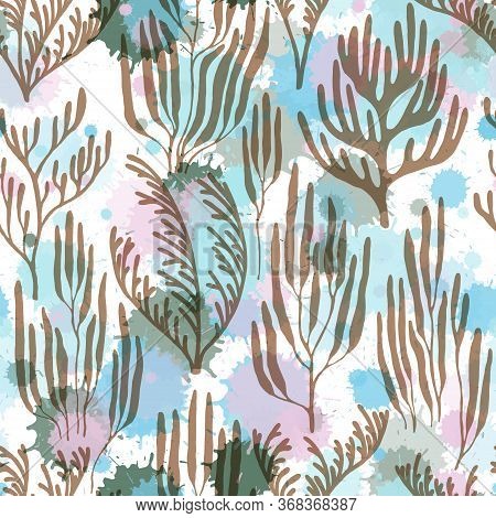 Ocean Corals Seamless Pattern. Paint Splashes Drops Watercolor Background. Abstract Great Barrier Re