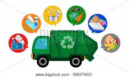 Garbage Truck And Waste Isolated On White, Clip Art Of Recycle Waste Truck For Cleaner Management, G