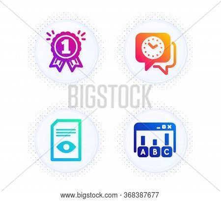 Reward, View Document And Clock Icons Simple Set. Button With Halftone Dots. Survey Results Sign. Fi