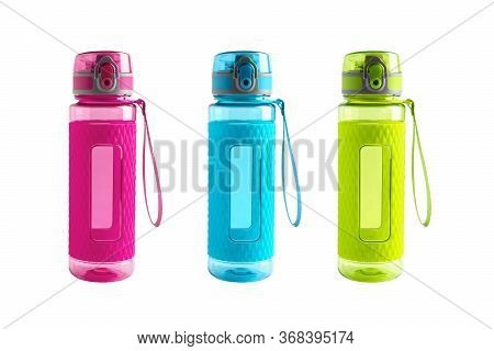 Three Different Bright Green, Blue And Pink Plastic And Rubber Fitness Sport Bottles Or Flasks With 