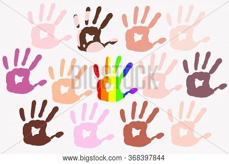 Different Skin Types Colour Hand Prints On Light Background, People Diversity, Rainbow In The Middle