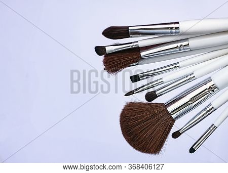 Set Of Makeup Brushes  On A Light Background With A Copy Space