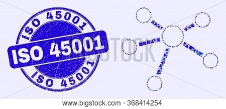 Geometric Relation Links Mosaic Icon And Iso 45001 Watermark. Blue Vector Rounded Textured Watermark