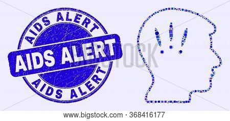 Geometric Headache Mosaic Pictogram And Aids Alert Seal Stamp. Blue Vector Round Grunge Stamp With A
