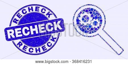Geometric Gears Audit Mosaic Pictogram And Recheck Seal Stamp. Blue Vector Round Textured Seal Stamp