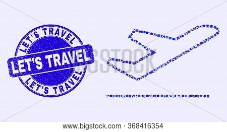 Geometric Airplane Takeoff Mosaic Pictogram And Let's Travel Seal Stamp. Blue Vector Round Distress 