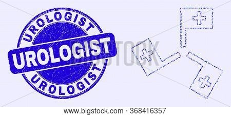 Geometric Medical Flags Mosaic Pictogram And Urologist Stamp. Blue Vector Round Distress Seal Stamp 
