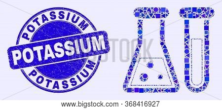 Geometric Chemical Glassware Mosaic Icon And Potassium Seal. Blue Vector Round Scratched Seal With P