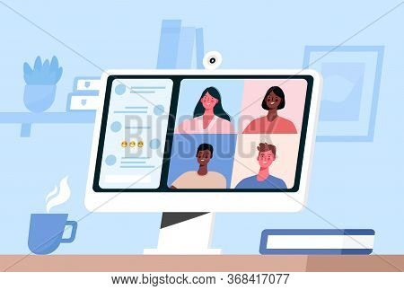 Videoconference With Colleagues. Corporate Video Call, Distant Discussion, Web Chatting, Online Meet