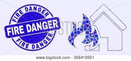 Geometric House Fire Disaster Mosaic Pictogram And Fire Danger Stamp. Blue Vector Round Scratched Se