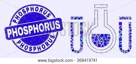 Geometric Chemical Tubes Mosaic Icon And Phosphorus Seal. Blue Vector Round Textured Watermark With 