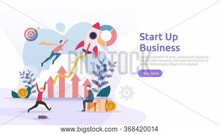 Start Up Service Or New Product Idea Launch Concept. Project Business With Rocket Tiny People Charac