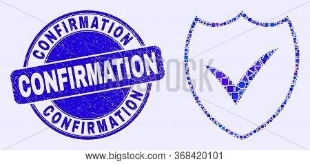 Geometric Valid Shield Mosaic Pictogram And Confirmation Seal. Blue Vector Rounded Grunge Seal Stamp