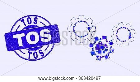 Geometric Gear Mechanism Mosaic Pictogram And Tos Seal Stamp. Blue Vector Round Scratched Seal With 