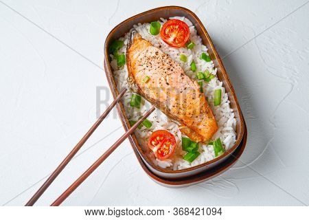 Japanese style lunch bento box. Take away or food delivery concept.