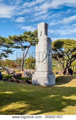 Gimcheon, South Korea; May 24, 2020: Rear Side View Of Giant Stone Statue Of Korean Priest On Displa