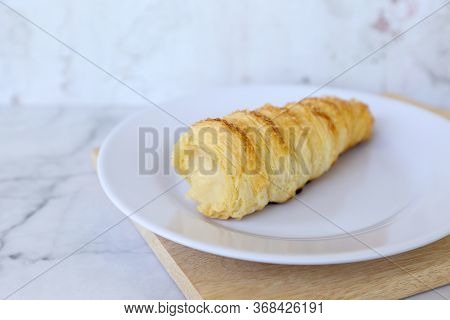 Horn Pastry Cake With Vla Or Vanilla Custard Filling. Homemade Cumcum Cake Filled With Cream