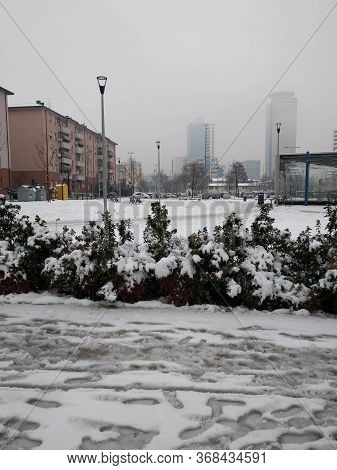 Lombardy, Italy - December 11 2017: The View Of Snowfall In Brescia City On December 11 2017 In Bres