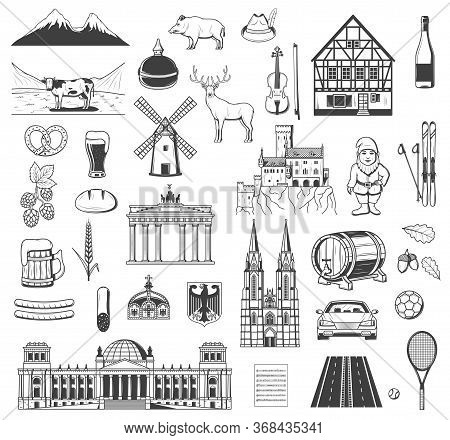 Germany Vector Objects, Symbols And Characters. Beer And Sausage, Pretzel. Bavarian Hunting Hat, Bra
