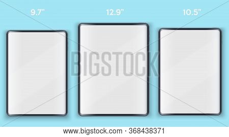 Set Of Tablet Pc Layout Presentation Mockup With Shadows. Example Frameless Models Tab With Touchscr