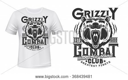 Angry Bear Mascot T-shirt Print Vector Mockup. Roaring And Showing Fangs In Maw Grizzly Bear Head An