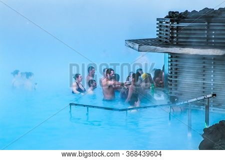 Grindavik, Iceland-Feb 24,2020: Aerial view of The Blue Lagoon, a geothermal bath resort and one of the most visited places in the south of Iceland. Grindavik, Iceland.