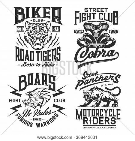 Tiger, Panther, Cobra And Boar T-shirt Print Mockup With Vector Wild Animals And Snake. Biker Or Mot