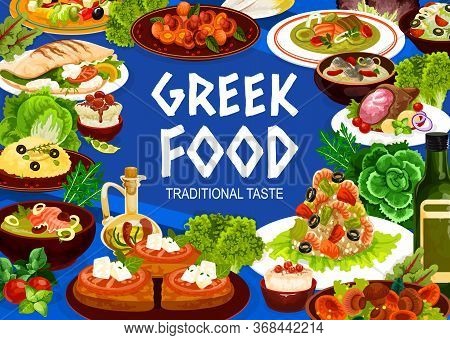 Greek Cuisine Seafood, Vegetable And Meat Meal, Vector Food. Salad Of Feta, Olives And Tomatoes, Shr