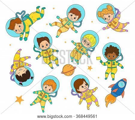 Set Of Vector Astronaut Kids. Girls And Boys In Astronaut Costume Flies