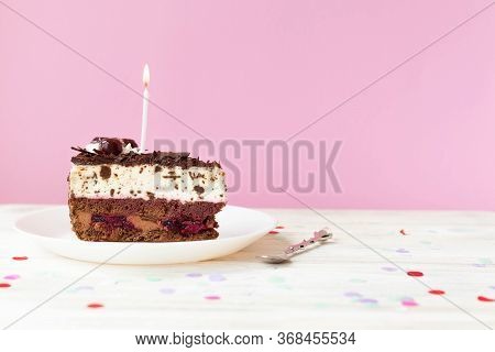 A Piece Of Cake With A Candle, A Trt For A Birthday, Space For Text