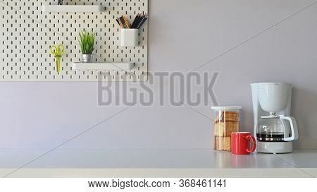 Versatile Table In The Morning Vibe Including Coffee Maker, Coffee Cup, Biscuits Is On The Table  Po