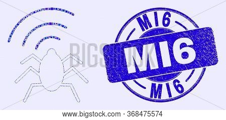 Geometric Radio Bug Mosaic Icon And Mi6 Watermark. Blue Vector Round Textured Stamp With Mi6 Message