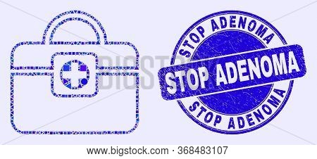 Geometric Medical Handbag Mosaic Icon And Stop Adenoma Seal Stamp. Blue Vector Round Textured Stamp 