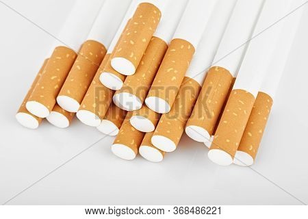 Set Сigarette Close Up Isolated On White Background. Smoking. Bad Habits. Smoking Leads To Lung Canc