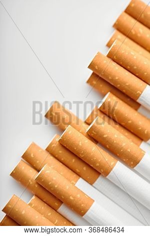 Set Сigarette Close Up Isolated On White Background. Smoking. Bad Habits. Smoking Leads To Lung Canc