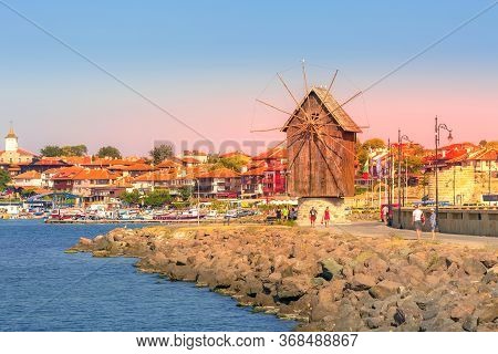 Nessebar, Bulgaria - July 25, 2016: Old Windmill At The Entrance To The Old Town Of Nesebur, Ancient