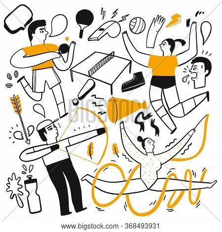 Activities Of People Who Are Playing Various Sports, Hand Drawn Vector Illustration Doodle Line Art 