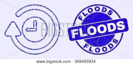 Geometric Rotate Clockwise Mosaic Icon And Floods Seal Stamp. Blue Vector Rounded Textured Seal With